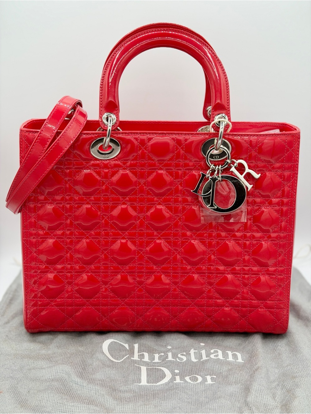 Large Lady Dior Parent Leather Shoulder Bag Cherry Red